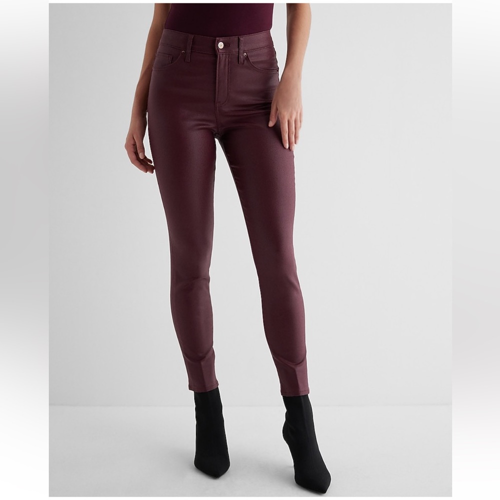 Express High Waisted Burgundy Coated Skinny Jeans – Size 6R